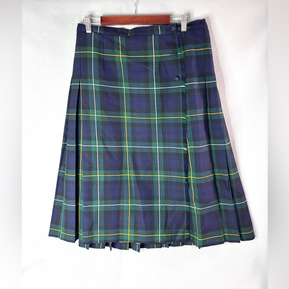 Bonda CAMPBELL Tartan Plaid 16 Wool Pleated Kilt Skirt in Blue and Green
